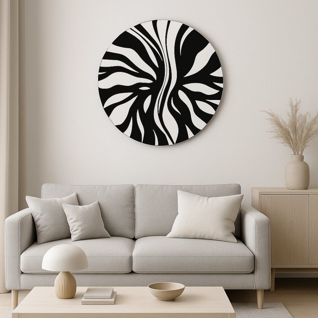 Abstrakcyjny okrągły obraz akrylowy czarno-biały 50 cm zawieszony nad jasną sofą w salonie – VaLis Art Studio