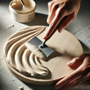 VaLis Art Studio Ręka nakładająca masę strukturalną na okrągłą płytę MDF podczas tworzenia reliefu.